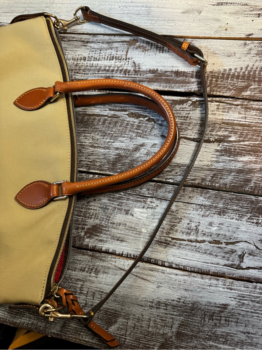 Dooney & Bourke Tan Canvas Satchel with Brown Leather Handles - Picture 8 of 15
